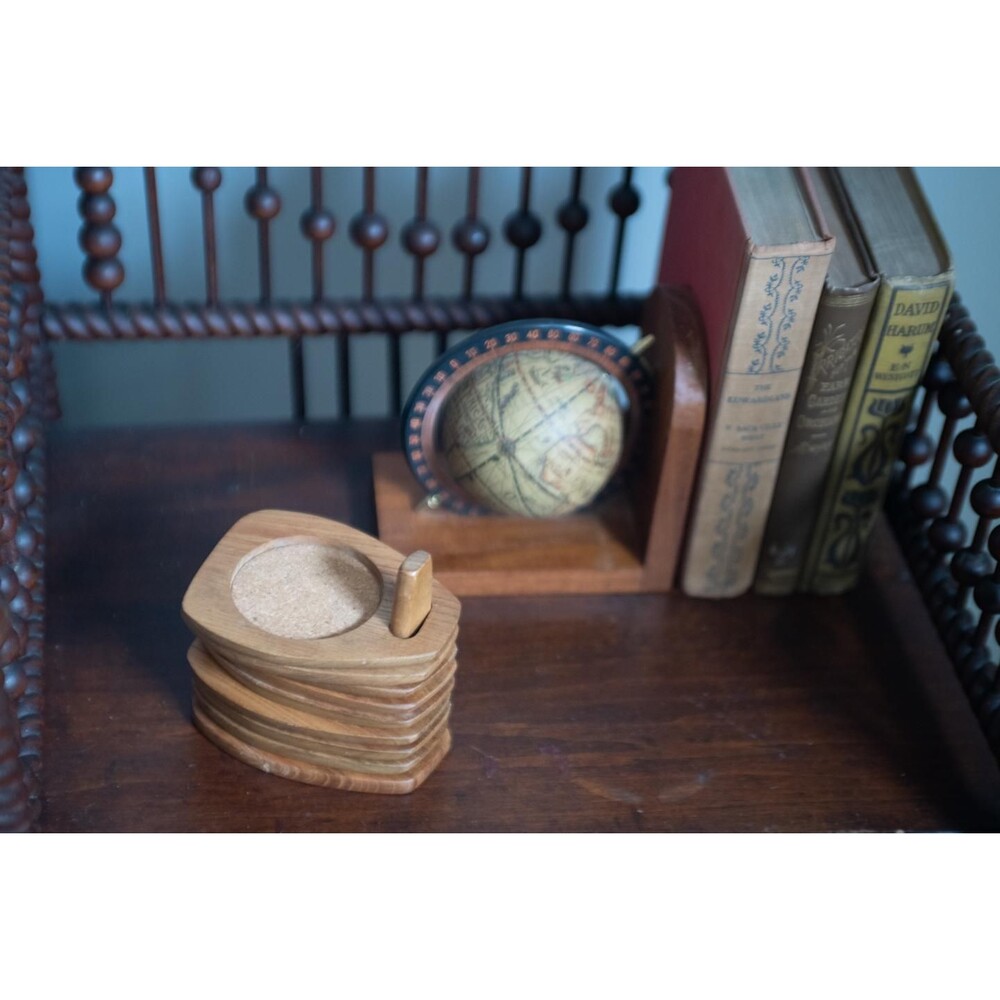 MCM Teak & Cork Drink Coasters with Stand - Made in Japan Mid Century Barware